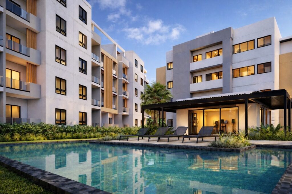 Imagen referencial de la piscina y edificios de Riviera Golf